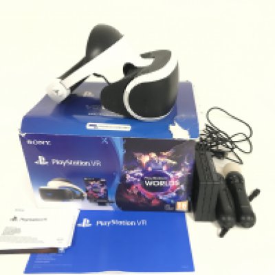 A used and boxed Sony PlayStation Worlds VR headset. Complete with headset. Powerpack. Camera. All relevant cables. Original guide and instructions. Also included is 2 PlayStation Moves. No reserve.