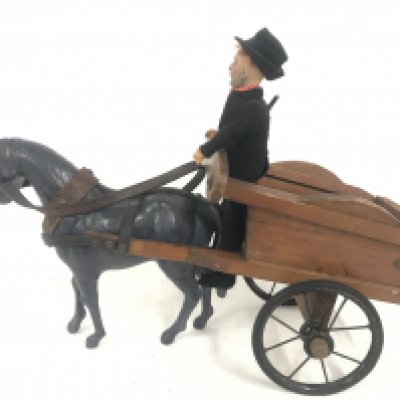 A Vintage Wooden Toy Horse And Cart With Figure.