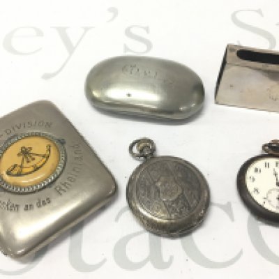 A WW1 British Light Division cigarette case, a late Victorian Snuff box marked 1871 , silver hallmarked horse design matchbox holder, silver match box holder, silver cased pocket watch . Postage category B