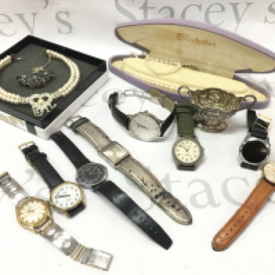 A collection of vintage gents watches including Garrand, Actua, Timex, Trafalgar, Tissot and pearl necklaces. Postage category B