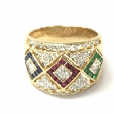 An unusual 18ct yellow gold tapered Harlequin style band set with calibre cut sapphire emeralds and rubies and diamonds. Diamonds 0.50ct rubies 0.18ct sapphire 0.18ct and emeralds 0.18ct all approx. Size N 1/2