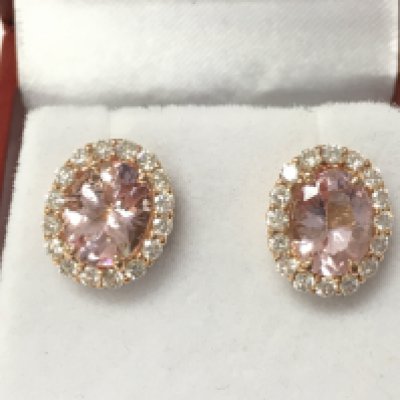 A pair of rose gold oval morganite and diamond cluster studs. Morganite 2.86ct and diamonds 0.78ct approx. Postage B