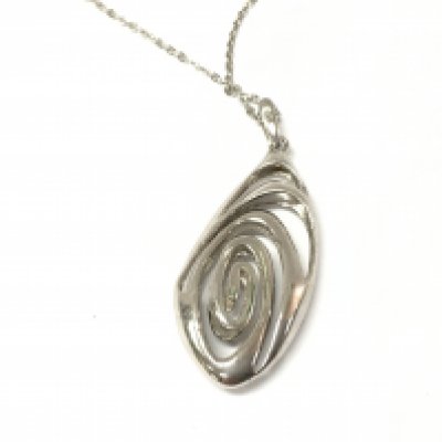 A silver swirling pendant on a silver chain. Postage A