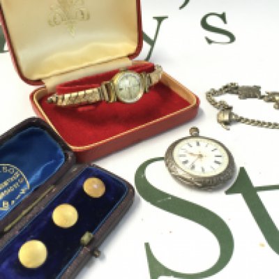 Small Silver cased pocket watch, Elbro vintage ladies watch , silver charm bracelet and cufflinks. Postage catA