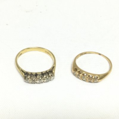 Two 18ct gold five stone diamond rings, approx total weight 5.4g and approx sizes M-N and P. Shipping category A.