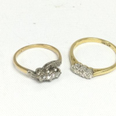 Two 18ct gold three stone diamond rings, total approx weight 5.3g and approx sizes L and Q. Shipping category A.