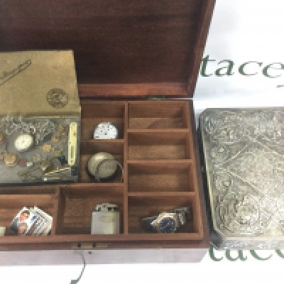 Two jewellery boxes with oddments including pocket watches, watch keys etc. Shipping category C.