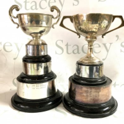 2 hallmarked silver trophy cups with bases. 26cm /29cm