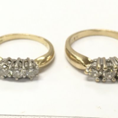 9ct gold diamond three stone rings, 5.6g total weight. Sizes J & O. Postage category A