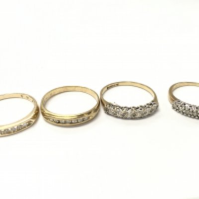 9ct gold diamond set half hoop rings, 6.4g total weight. Sizes M/L, K/L and O Postage category A