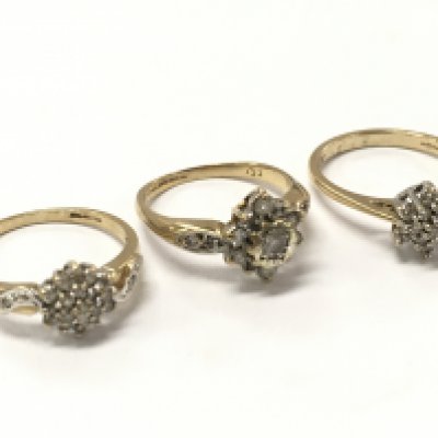 9ct gold diamond cluster rings, 6.4g total weight. Size m, h, l .Postage category A