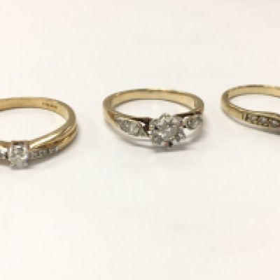 9ct gold diamond solitaire rings with diamond shoulders , 6g total weight, size N ,K, I. postage category A