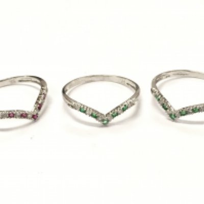 9ct white gold diamond and emerald rings, ruby wishbone ring . Size O. 2.2g total weight postage category A