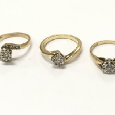 9ct gold diamond solitaire rings, 6.3G total weight. Postage category A