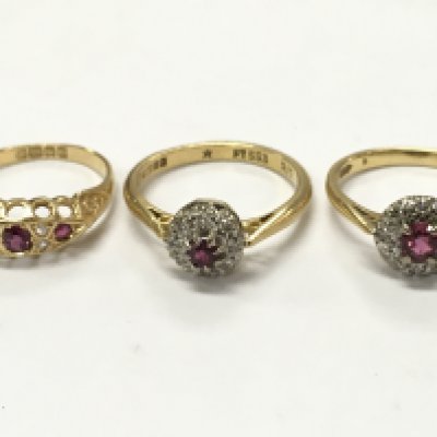 18ct gold diamond and ruby cluster rings. 9g total weight. Size K, N, M Postage category A