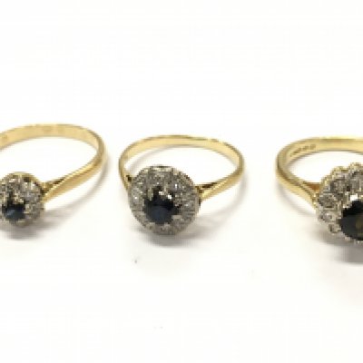 18ct gold sapphire and diamond cluster ring size G, N/O, J. Total weight 8.8g. Postage category A