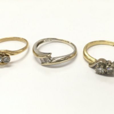 18ct gold two stone diamond rings. Size M, N, T, 8.8g total weight. Postage category A