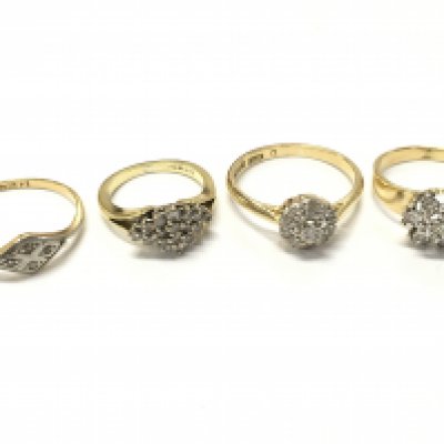 18ct gold diamond cluster rings , 10.5g total weight. Sizes E, J, N. Postage category A