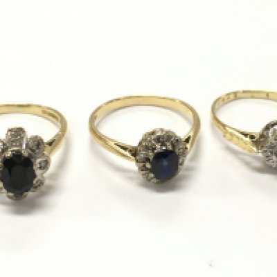 18ct gold sapphire and Diamond Cluster rings , 8.9g total weight. Postage category A