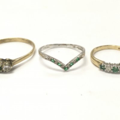 9ct gold emerald and diamond rings , sizes J,O,W 4.2g total weight. Postage category A