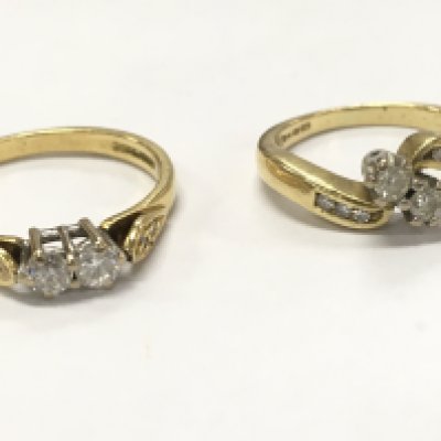 18ct gold 2 stone twist diamond rings size G, L/M. 5g total weight.Postage category A