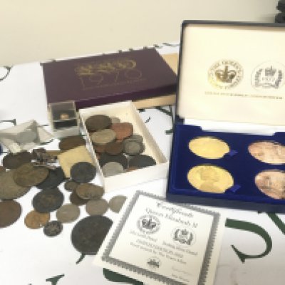 An 1844 Victorian Crown good definition a 1935 Crown American 1964 half dollar and other coins including a cased set of Elizabeth II Gold and Silver commemorative jubilee coins with certificate and others.