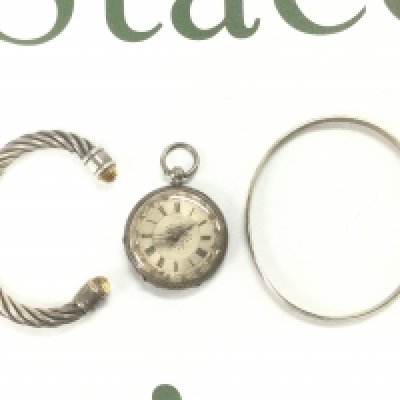 Two silver bangles and a silver pocket watch. Shipping category A.