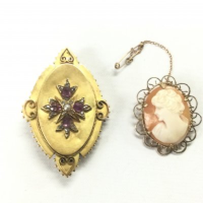Two brooches including a 9ct gold cased cameo example. Shipping category A.