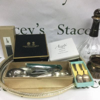 A collection of silver plated items plus some glassware. Shipping category D.