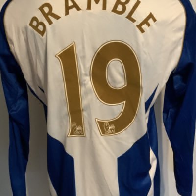 Wigan Athletic 2009 - 2010 Match Worn Football Shirt: Worn v Arsenal on 21 9 2009. Blue and white long sleeve with Premiership badging to arms and number 19 Bramble to rear.