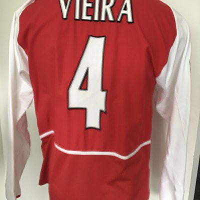 Viera Arsenal Match Worn Football Shirt: Red long sleeve Champions League shirt with number 4 Viera to rear. Champions League badge to right arm and swear patch to chest.