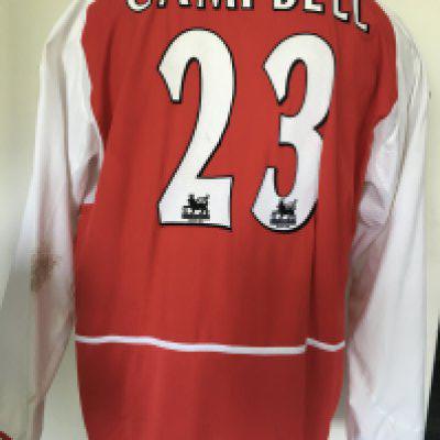 Sol Campbell Arsenal Match Worn Football Shirt: Red long sleeve unwashed Premier League shirt with number 23 Campbell to rear. Premier League badge badging to arms.