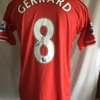 Gerrard 2013 - 2014 Liverpool Match Worn Football Shirt: Red number 8 with Gerrard to rear. Premier League badging to arms. Signed to rear by Gerrard.
