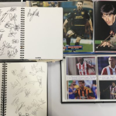 Large Modern Autograph Books: Some nice A4 white pages signed by teams who were opponents of Southend in the day including Scunthorpe, Rotherham, Crawley, Preston, Shrewsbury, Plymouth, Oldham, Morecombe full squads. C/W a photograph album of modern signed postcard size photos and white cards some dedicated to Aaron. 4th album has a lot of large magazine pictures of big name players from the 70s to the 90s. (4 albums)