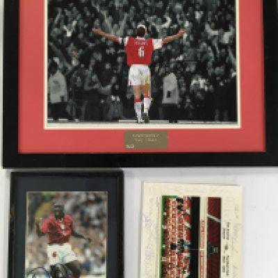 Arsenal Signed Football Memorabilia: Unglazed framed signed picture of Tony Adams with reputable COA. 93/94 team group signed to border by 19 including Seaman, Adams and Merson, Sol Campbell signed picture and a gold Sega sponsored XXL 2001/02 football shirt which has Dad 2000 to rear.