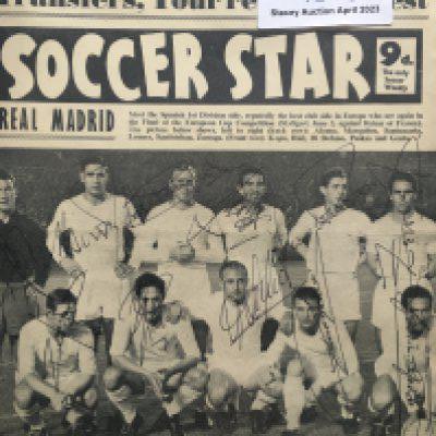1959 Real Madrid Signed Team Group: Front page of Soccer Star magazine hand signed by all 11 players pictured. Includes Di Stefano Puskas and Gento. This team was described as the best team in Europe and two weeks after this magazine was produced they won the European Cup.