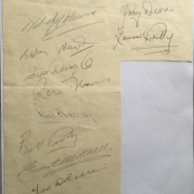 1950s England Football Autographs: Large cream page stating famous footballers of the 50s. 11 large autographs contain mainly England players and include Bill Perry, Nat Lofthouse, Derek Kevan, Ted Ditchburn, Ron Henry, Johnny Haynes and Brian Douglas.