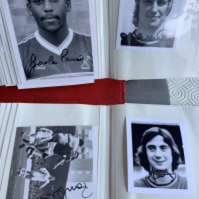 West Ham Signed Football Photos: Club issue photos hand signed without dedication and presented in album. Includes Devonshire, A Taylor, George Parris, Brian Dear and Kevin Lock. Mostly head and shoulder pictures with some match action, all small in size. 27 of the 63 photos are signed.