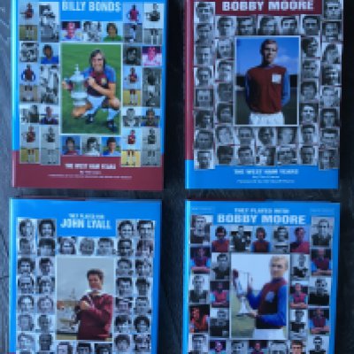 West Ham Multi Signed Bobby Moore Book: Book titled They Played With Bobby Moore, 1st edition. Signed inside at the unveiling of the Bobby Moore plaque in Waverley Gardens by 19 including Clyde Best, Harry Obeney, Stephanie + Tina Moore, Karren Brady, Eddie Bovington, Brian Dear and others. This book comes with the new and updated version plus, from the same author, They Played With Billy Bonds and They Played For John Lyall. Excellent. (4)