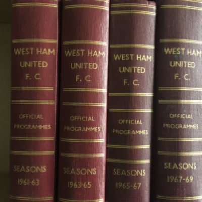 West Ham Home Bound Volumes Of Football Programmes: Unofficial bound volumes from 1961 to 1969 which each of the 4 volumes covering two seasons. Possibly complete of first team and occasionally with players pictures stuck in. (8 seasons)