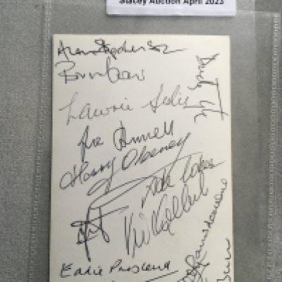Bobby Moore West Ham Team Mates Signed Card: Black and white postcard size photo of Moore signed to blank rear by 13 team mates at West Ham. Includes Keeble, Presland, Leslie, Dear, Coker and Obeney. Originally obtained from author of They Played With Bobby Moore when interviewing players.