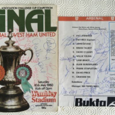 1980 FA Cup Final Signed Football Programme: Signed to front cover by 14 players from both teams. A further page removed from another programme and stuck down to card of the Arsenal squads autographs.