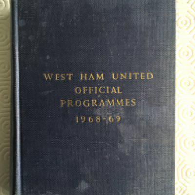 68/69 West Ham Bound Volume Of Football Programmes: Front having the name WF Cearns and West Ham United Official Programmes 1968-69. All 58 matches include even the hard to obtain Orient Juniors 19 2 69 postponed. Slightly water damaged but overall good unwritten programmes with the beginning having an end of season summary.