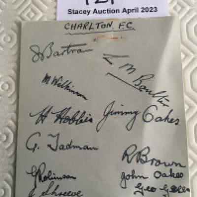38/39 Charlton Athletic Football Autographs: Removed from autograph book a page headed Charlton with autographs of Bartram Walsh and Brown. 12 autograph in pen.