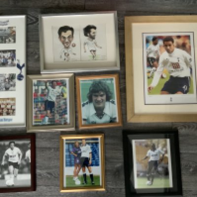 Tottenham Framed Football Displays: Individual pictures of Hoddle Sheringham Perryman Lennon and Keane plus a Villa + Ardiles caricature and more. 8 unsigned items ready for hanging. Instructions to sell.
