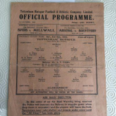 42/43 Tottenham v Aldershot Football Programme: Fair condition single sheet league match with no team changes. Creasing and score written in pencil. Reverse a bit grubby and slight tear on fold.