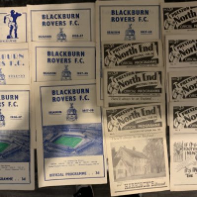 Football Programme Box: Preston aways from the early 50s x 8, Blackburn Burnley Preston Blackpool homes from the early to mid 50s x 27, Shrewsbury Town 30s practice match, Chester Plymouth and a SwIndon home from the 40s, 51 FA Cup semi final Birmingham v Blackpool plus other 50s including 53/54 Patrick v Dundee. This lot has reserves, cup finals including Welsh cup and much more. Worth viewing. (box)