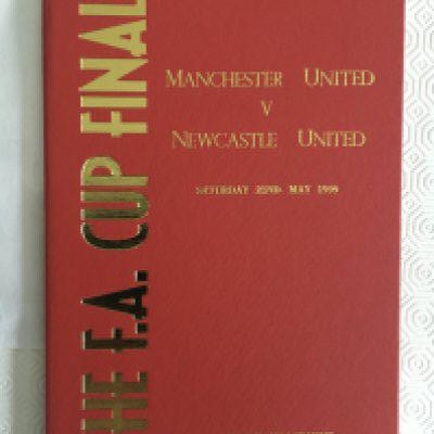 1999 FA Cup Final Manchester United Hardback Signed Programme: Red FA Cup final programme hand signed by the entire treble winning Manchester United squad that day. All genuine autographs signed next to squad number and identified on separate sheet. Autographs include Beckham, Keane, Ferguson, Giggs, Cole, both Nevilles and Stam, in fact 21 in total.