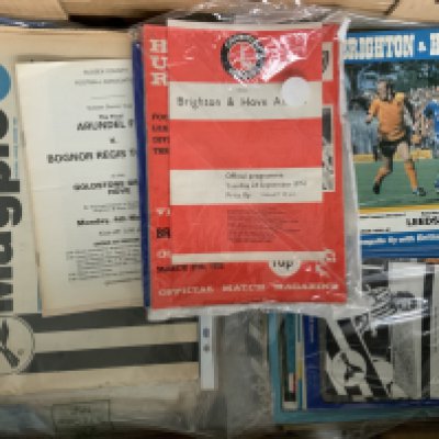 1970s + 1980s Brighton Away Football Programmes: Must be complete seasons amongst these according to vendor. Includes homes from 80/81 and a few newspapers and specials. Good condition. (est 200)