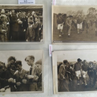 1949 England Football Press Photos: Four original press photos without stamps of the players with fans before the match v Wales. Hand written annotations. (4)